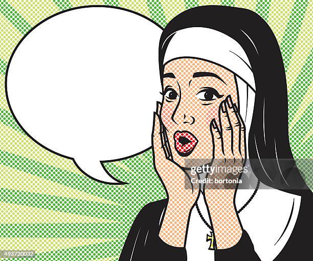 ilustraciones, imágenes clip art, dibujos animados e iconos de stock de retro semitono personajes de cómic discurso burbujas con - monja