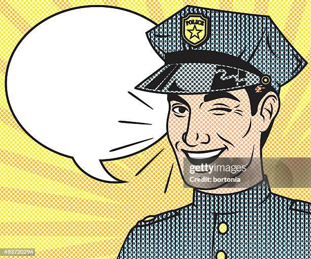 retro halftone comic book character with speech bubble - cartoon police officer stock illustrations