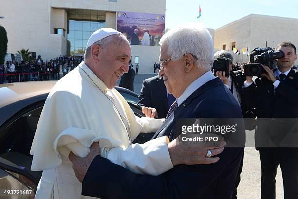 In this handout image supplied by the Palestinian Press Ofiice Palestinian President Mahmoud Abbas greets Pope Francis on May 25 Ramallah, West Bank....