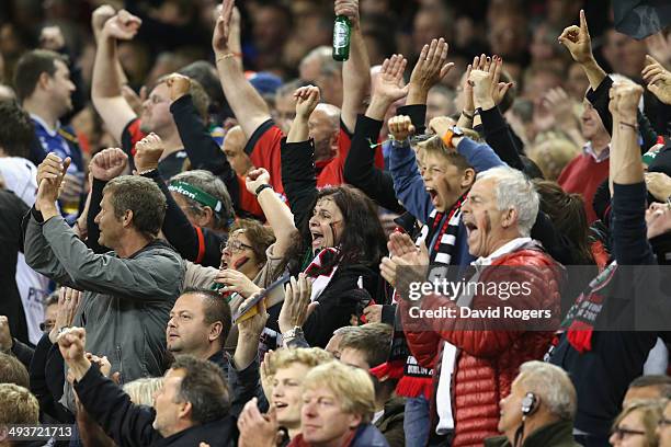 Toulon fans celebrate during the Heineken Cup Final between Toulon and Saracens at the Millennium Stadium on May 24, 2014 in Cardiff, United Kingdom.