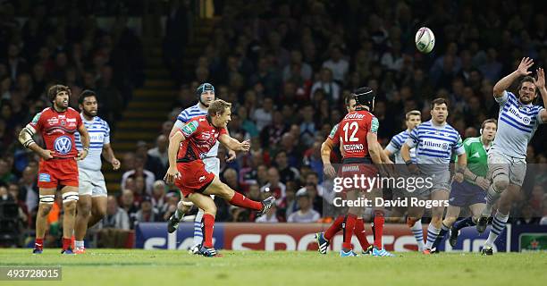 Jonny Wilkinson of Toulon drops a goal during the Heineken Cup Final between Toulon and Saracens at the Millennium Stadium on May 24, 2014 in...