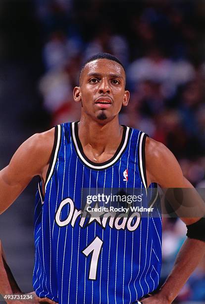 Anfernee Hardaway of the Orlando Magic looks on against the Sacramento Kings on March 28, 1995 at Arco Arena in Sacramento, California. NOTE TO USER:...