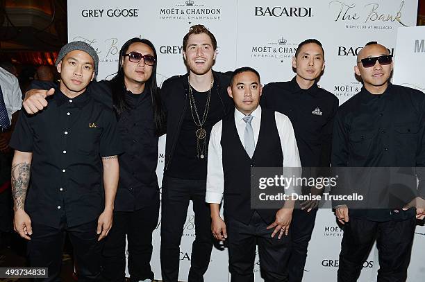 Far East Movement, Mike Posner and DJ E-Man arrive at The Bank nightclub at the Bellagio on May 24, 2014 in Las Vegas, Nevada.