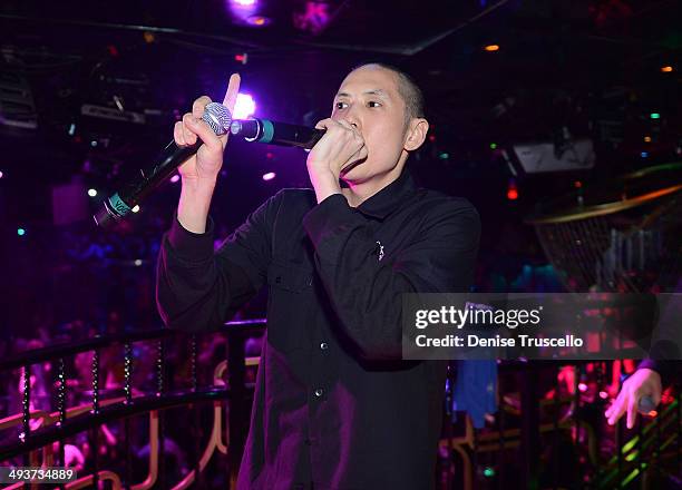 Far East Movement performs at The Bank nightclub at the Bellagio on May 24, 2014 in Las Vegas, Nevada.