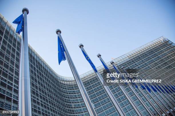 View of European flags in front of the European Commission headquarters at the Berlaymont Building in Brussels, during the federal, regional and...