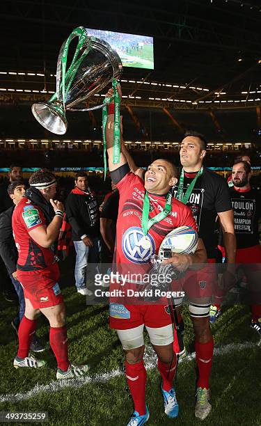 Bryan Habana of Toulon celebrates after their victory during the Heineken Cup Final between Toulon and Saracens at the Millennium Stadium on May 24,...