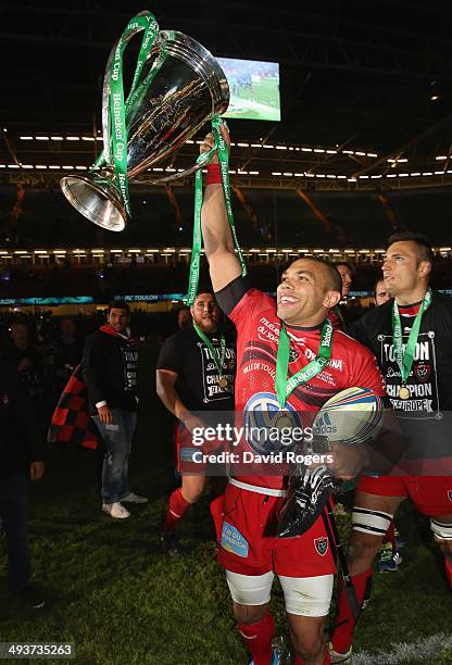 Bryan Habana of Toulon celebrates after their victory during the Heineken Cup Final between Toulon and Saracens at the Millennium Stadium on May 24,...