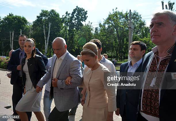 Ukrainian presidential candidate and former Prime Minister, Yulia Tymoshenko , her husband Oleksandr Tymoshenko and her daughter Yevhenia arrive to...