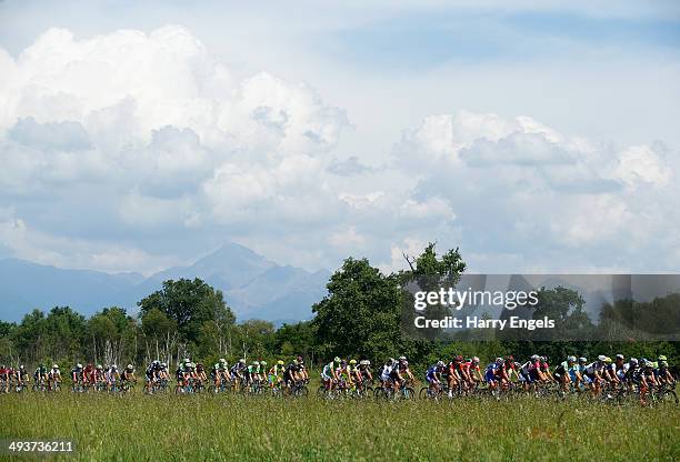 The peloton in action during the fifteenth stage of the 2014 Giro d'Italia, a 225km high mountain stage between Valdengo and Plan di Montecampione on...