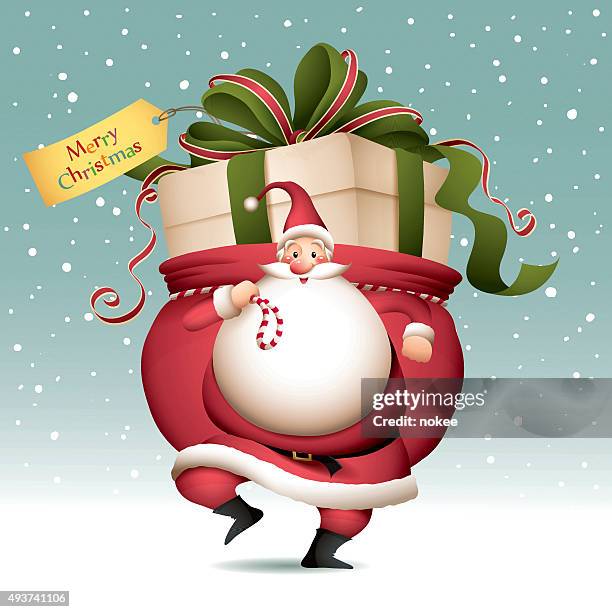 illustrazioni stock, clip art, cartoni animati e icone di tendenza di babbo natale con sacco pieno di grande regalo - santa sack