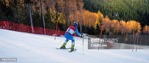 rear viw of professional downhill alpine skier - slalom stockfoto's en -beelden