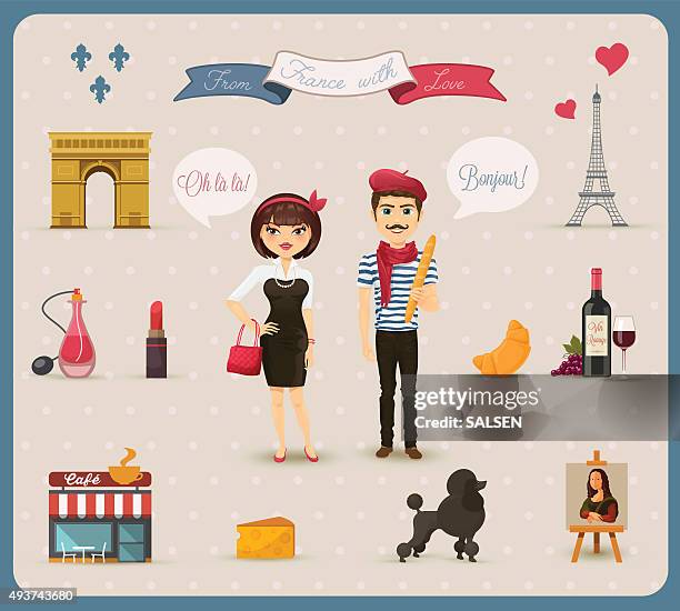 sammlung von französischen symbole, symbole - französische kultur stock-grafiken, -clipart, -cartoons und -symbole