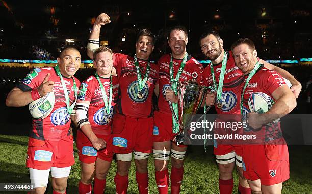 Bryan Habana, Michael Claassens, Juan Smith, Bakkies Botha, Danie Rossouw and Craig Burden of Toulon and South Africa celebrate after their victory...