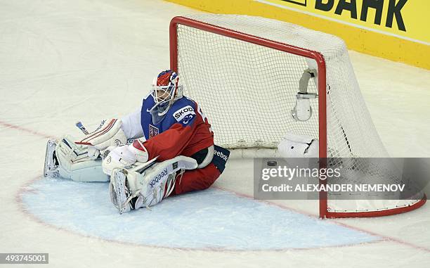 Czech Republic's goalie Alexander Salak reacts after letting a goal into his net during a bronze medal game Czech Republic vs Sweden of the IIHF...