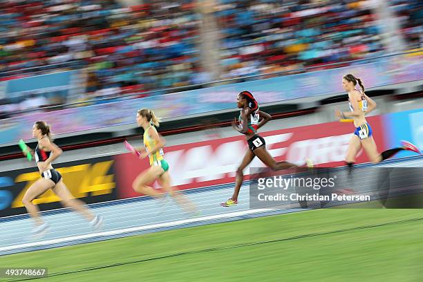 Mercy Cherono of Kenya competes in the Women's 4x1500 metres relay final during day one of the IAAF World Relays at the Thomas Robinson Stadium on...