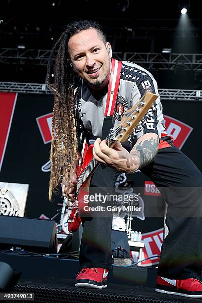 Zoltan Bathory performs in concert with Five Finger Death Punch during the River City RockFest at the at&t Center on May 24, 2014 in San Antonio,...