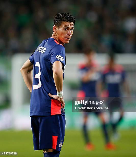 Hector Moreno of Eindhoven looks on during the UEFA Champions League Group B match between VfL Wolfsburg and PSV Eindhoven at Volkswagen Arena on...