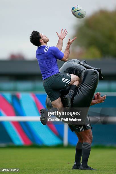 Nehe Milner-Skudder of the All Blacks collects the high ball during a New Zealand All Blacks training session at London Irish on October 22, 2015 in...