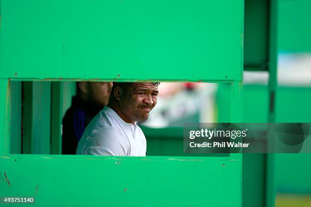 Keven Mealamu of the All Blacks looks on during a New Zealand All Blacks training session at London Irish on October 22, 2015 in London, United...