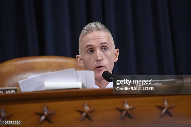 Republican US Representative from South Carolina Trey Gowdy questions former US Secretary of State and Democratic Presidential hopeful Hillary...