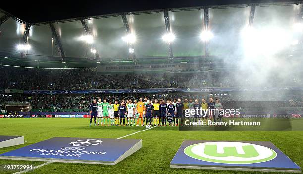 Players and officials support the No to Racism Activities prior to the UEFA Champions League Group B match between VfL Wolfsburg and PSV Eindhoven at...