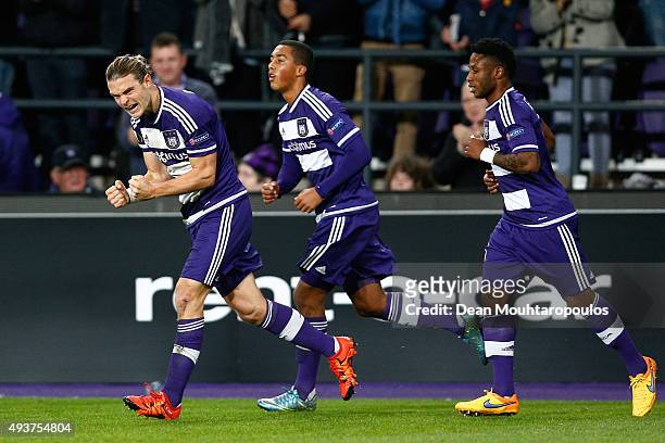 Guillaume Gillet of Anderlecht celebrates after scoring a goal to level the scores at 1-1 during the UEFA Europa League Group J match between RSC...