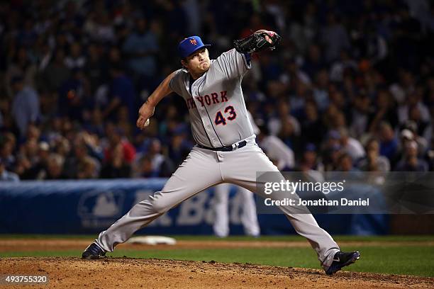 Addison Reed of the New York Mets throws a pitch against the Chicago Cubs during game four of the 2015 MLB National League Championship Series at...