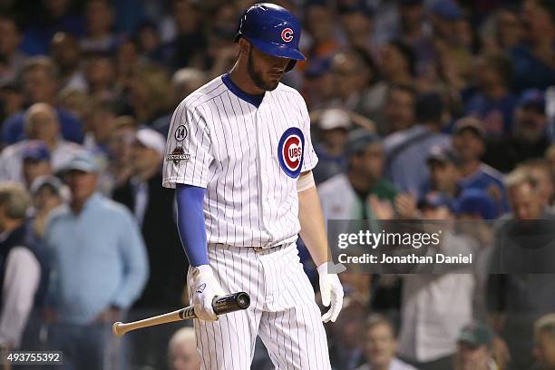 Kris Bryant of the Chicago Cubs reacts after striking out in the fifth inning against the New York Mets during game four of the 2015 MLB National...