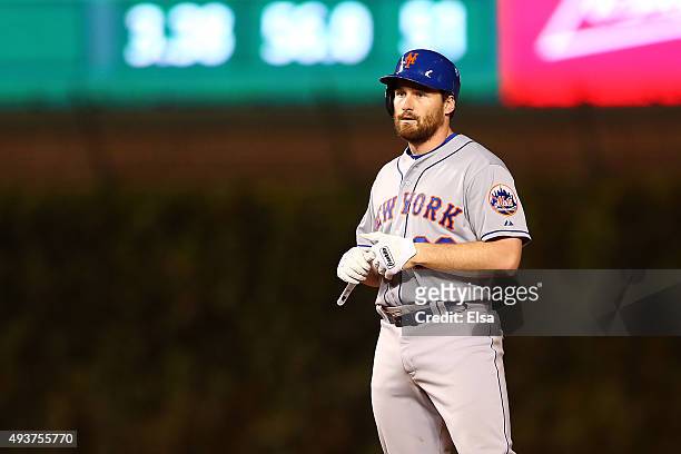 Daniel Murphy of the New York Mets looks on after hitting a a double in the seventh inning against the Chicago Cubs during game four of the 2015 MLB...