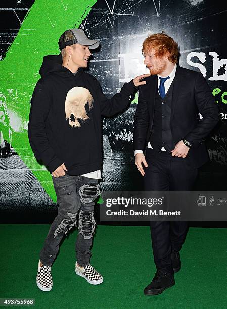 Justin Bieber and Ed Sheeran attend the World Premiere of "Ed Sheeran: Jumpers For Goalposts" at Odeon Leicester Square on October 22, 2015 in...