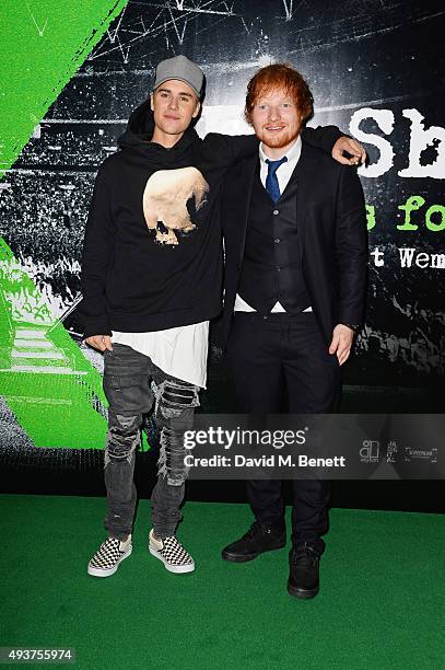 Justin Bieber and Ed Sheeran attend the World Premiere of "Ed Sheeran: Jumpers For Goalposts" at Odeon Leicester Square on October 22, 2015 in...