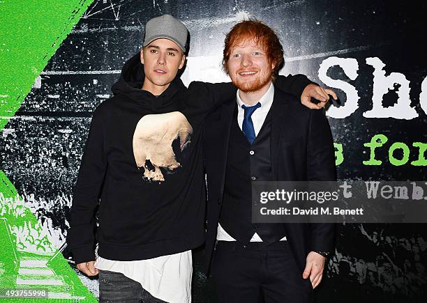 Justin Bieber and Ed Sheeran attend the World Premiere of "Ed Sheeran: Jumpers For Goalposts" at Odeon Leicester Square on October 22, 2015 in...