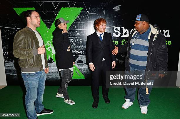 Scooter Braun, Justin Bieber, Ed Sheeran and Big Narstie attend the World Premiere of "Ed Sheeran: Jumpers For Goalposts" at Odeon Leicester Square...