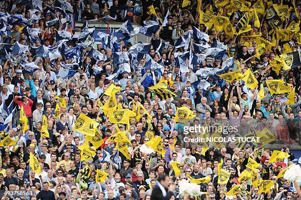 La Rochelle's fans and Agen's fans cheer during the French Pro D2 rugby union ligue final between Agen and La Rochelle at the Chaban Delmas stadium...