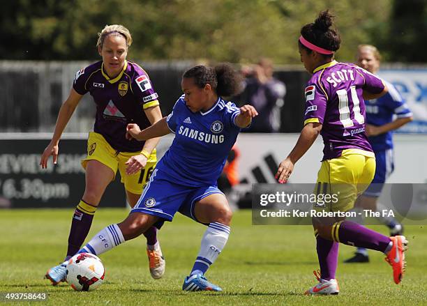Drew Spence of Chelsea Ladies holds off the challenge of Katie Holtham and Desiree Scott of Notts County Ladies during the FA Women's Super League...
