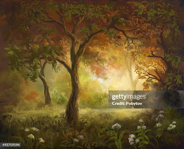 stockillustraties, clipart, cartoons en iconen met painted autumn - roman landscapes