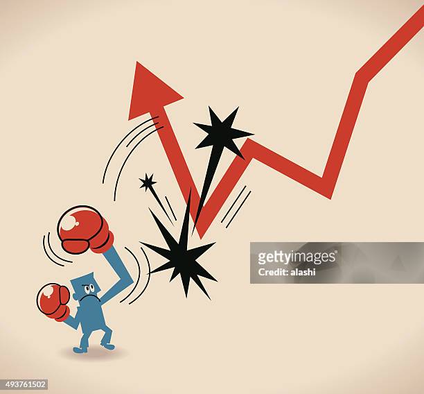 businessman hitting a decline arrow to make arrow go up - upper cut stock illustrations