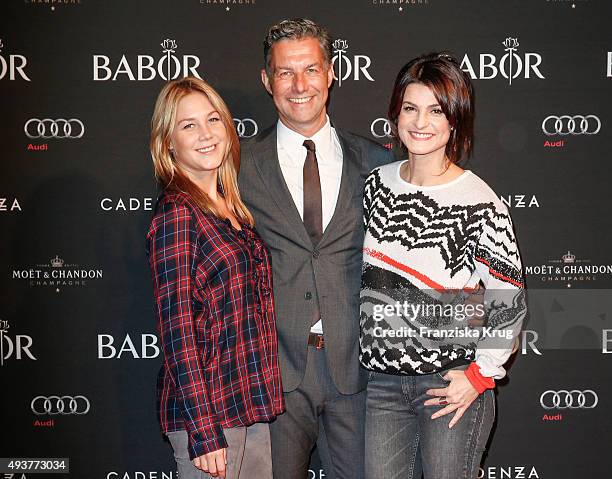 Alina Merkau, Michael Schummert and Marlene Lufen attend the BABOR Opening Cocktail on October 22, 2015 in Berlin, Germany.