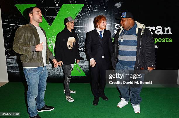 Scooter Braun, Justin Bieber, Ed Sheeran and Big Narstie attend the World Premiere of "Ed Sheeran: Jumpers For Goalposts" at Odeon Leicester Square...