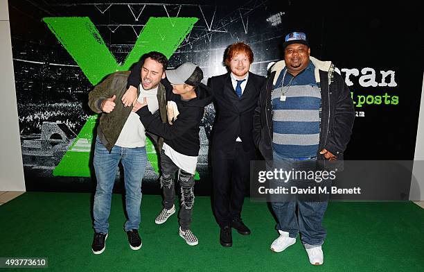 Scooter Braun, Justin Bieber, Ed Sheeran and Big Narstie attend the World Premiere of "Ed Sheeran: Jumpers For Goalposts" at Odeon Leicester Square...