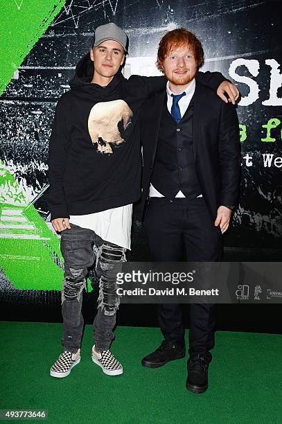 Justin Bieber and Ed Sheeran attend the World Premiere of "Ed Sheeran: Jumpers For Goalposts" at Odeon Leicester Square on October 22, 2015 in...