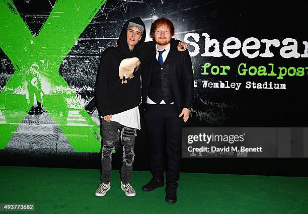 Justin Bieber and Ed Sheeran attend the World Premiere of "Ed Sheeran: Jumpers For Goalposts" at Odeon Leicester Square on October 22, 2015 in...