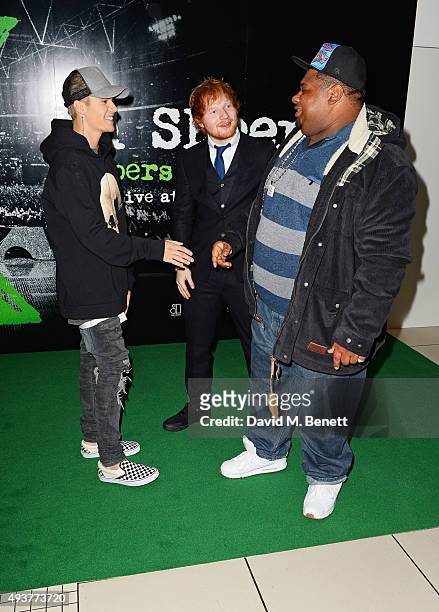 Justin Bieber, Ed Sheeran and Big Narstie attend the World Premiere of "Ed Sheeran: Jumpers For Goalposts" at Odeon Leicester Square on October 22,...