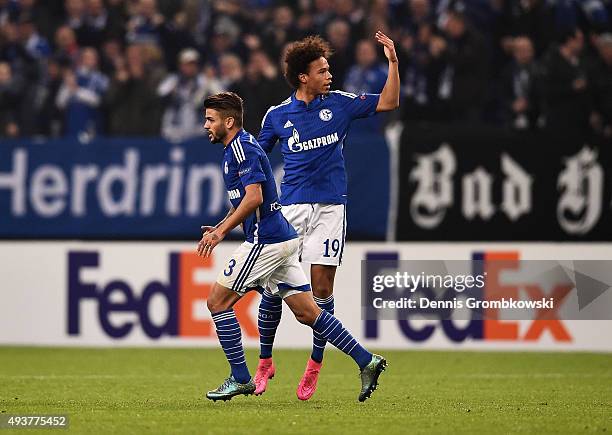 Leroy Sane of Schalke celebrates wtih Junior Caicara as he scores their second goal during the UEFA Europa League Group K match between FC Schalke 04...