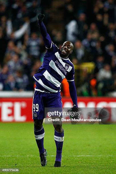 Stefano Okaka Chuka of Anderlecht celebrates after scoring his team's second goal during the UEFA Europa League Group J match between RSC Anderlecht...