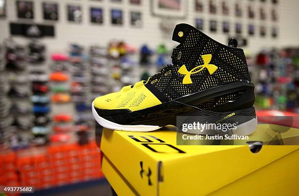 The new Stephen Curry Under Armour basketball shoe is displayed at T & B Sports on October 22, 2015 in San Rafael, California. Under Armour Inc....