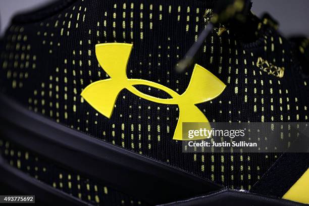The Under Armour logo is displayed on the new Stephen Curry basketball shoe at T & B Sports on October 22, 2015 in San Rafael, California. Under...