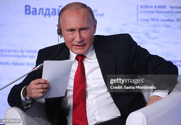 Russian President Vladimir Putin speaks during the Valdai International Discussion Club meeting on October 22, 2015 in Sochi. Putin spoke before...