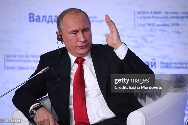 Russian President Vladimir Putin speaks during the Valdai International Discussion Club meeting on October 22, 2015 in Sochi. Putin spoke before...