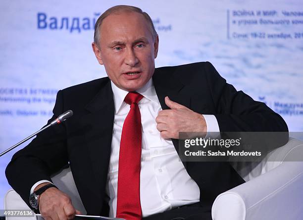 Russian President Vladimir Putin speaks during the Valdai International Discussion Club meeting on October 22, 2015 in Sochi. Putin spoke before...